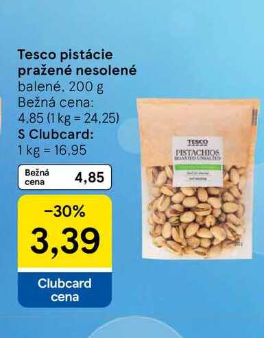 Tesco pistácie pražené nesolené balené, 200 g