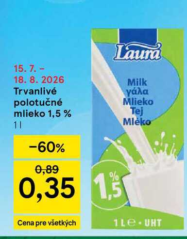 Laura Trvanlivé polotučné mlieko 1,5 % 1l