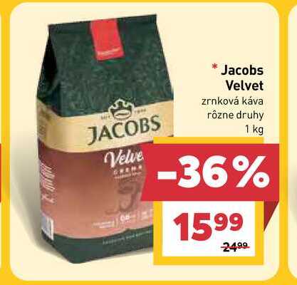 Jacobs Velvet zrnková káva rôzne druhy 1 kg v akcii