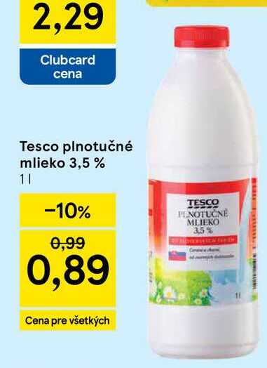 Tesco plnotučné mlieko 3,5 % 1l
