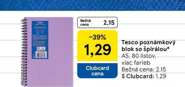Tesco poznámkový blok so špirálou A5, 80 listov