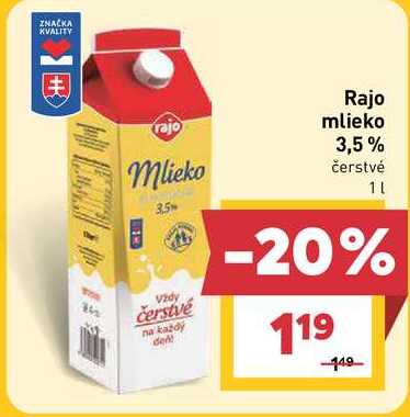Rajo mlieko 3,5% čerstvé 1l
