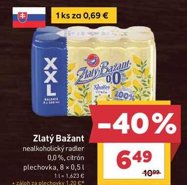 Zlatý Bažant nealkoholický radler 0,0%, citrón plechovka, 8 x 0,5l