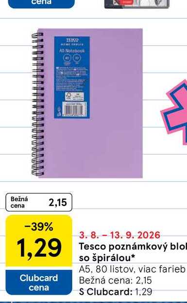 Tesco poznámkový blok so špirálou A5, 80 listov