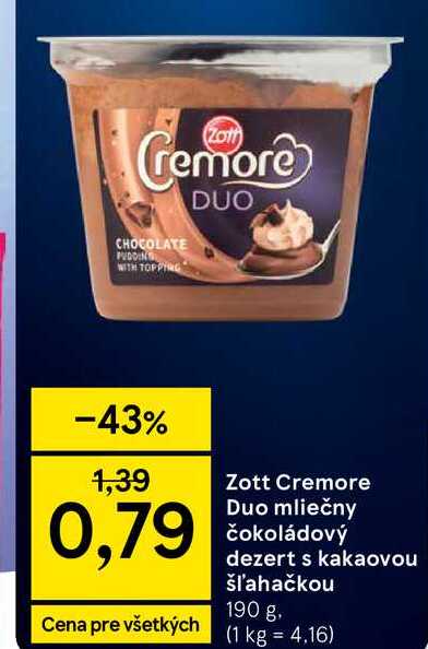 Zott Cremore Duo mliečny čokoládový dezert s kakaovou šľahačkou 190 g
