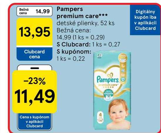 Pampers premium care detské plienky, 52 ks