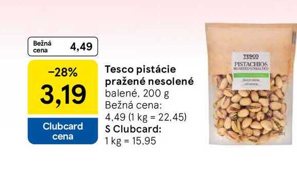 Tesco pistácie pražené nesolené balené, 200 g