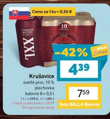 Krušovice svetlé pivo, 10% plechovka balenie 8 x 0,5l