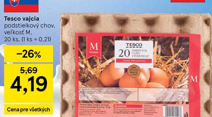 Tesco vajcia podstielkový chov veľkosť M 20 ks