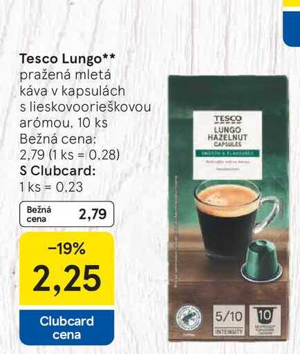 Tesco Lungo pražená mletá káva v kapsulách s lieskovoorieškovou arómou, 10 ks
