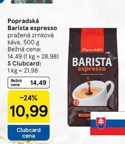 Popradská Barista espresso pražená zrnková káva, 500 g