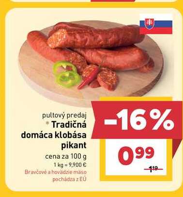 Tradičná domáca klobása pikant cena za 100 g