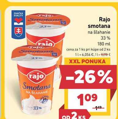 Rajo smotana na šľahanie 33% 180 ml