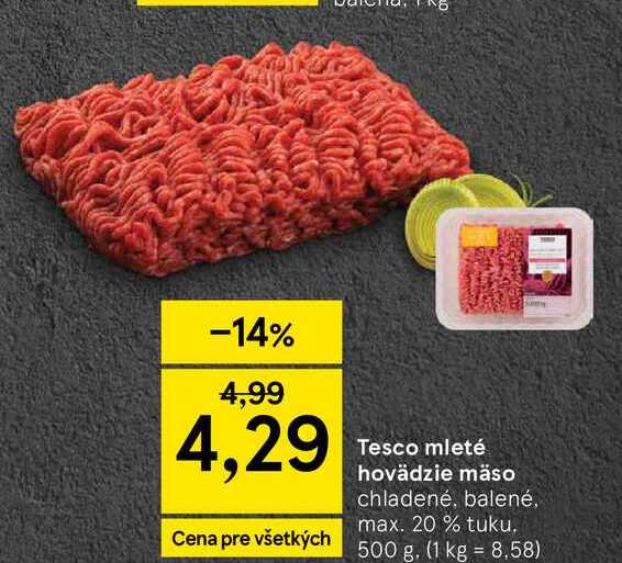 Tesco mleté hovädzie mäso chladené, balené, max. 20 % tuku 500 g