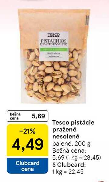 Tesco pistácie pražené nesolené balené, 200 g