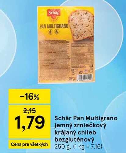 Schär Pan Multigrano jemný zrniečkový krájaný chlieb bezgluténový 250 g