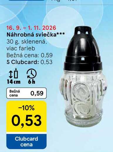 Náhrobná sviečka 30 g, sklenená, viac farieb