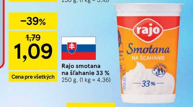 Rajo smotana na šľahanie 33% 250 g