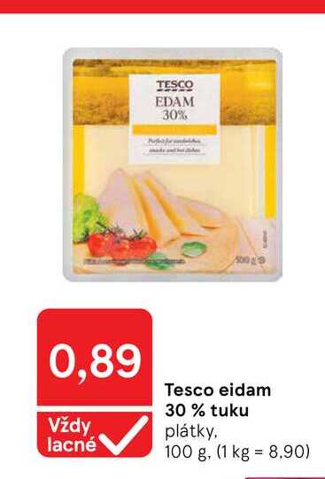 Tesco eidam 30% tuku plátky, 100 g