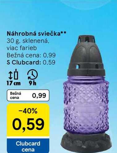 Náhrobná sviečka 30 g, sklenená, viac farieb