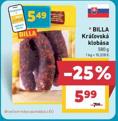 BILLA Kráľovská klobása 580 g 